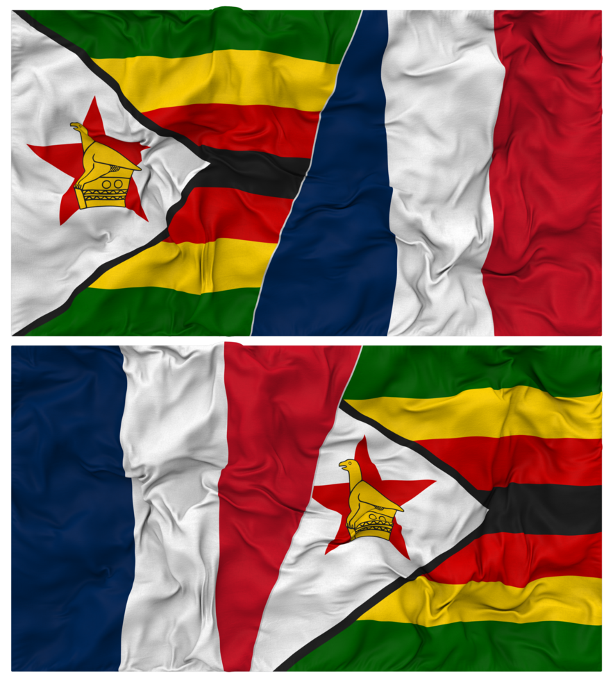 France and Zimbabwe Half Combined Flag with Cloth Bump Texture, Bilateral Relations, Peace and Conflict, 3D Rendering png