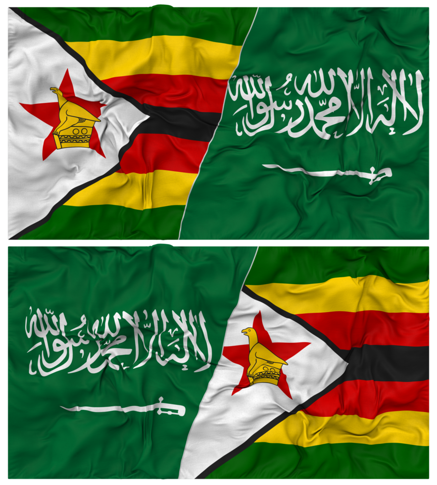 KSA, Kingdom of Saudi Arabia and Zimbabwe Half Combined Flag with Cloth Bump Texture, Bilateral Relations, Peace and Conflict, 3D Rendering png