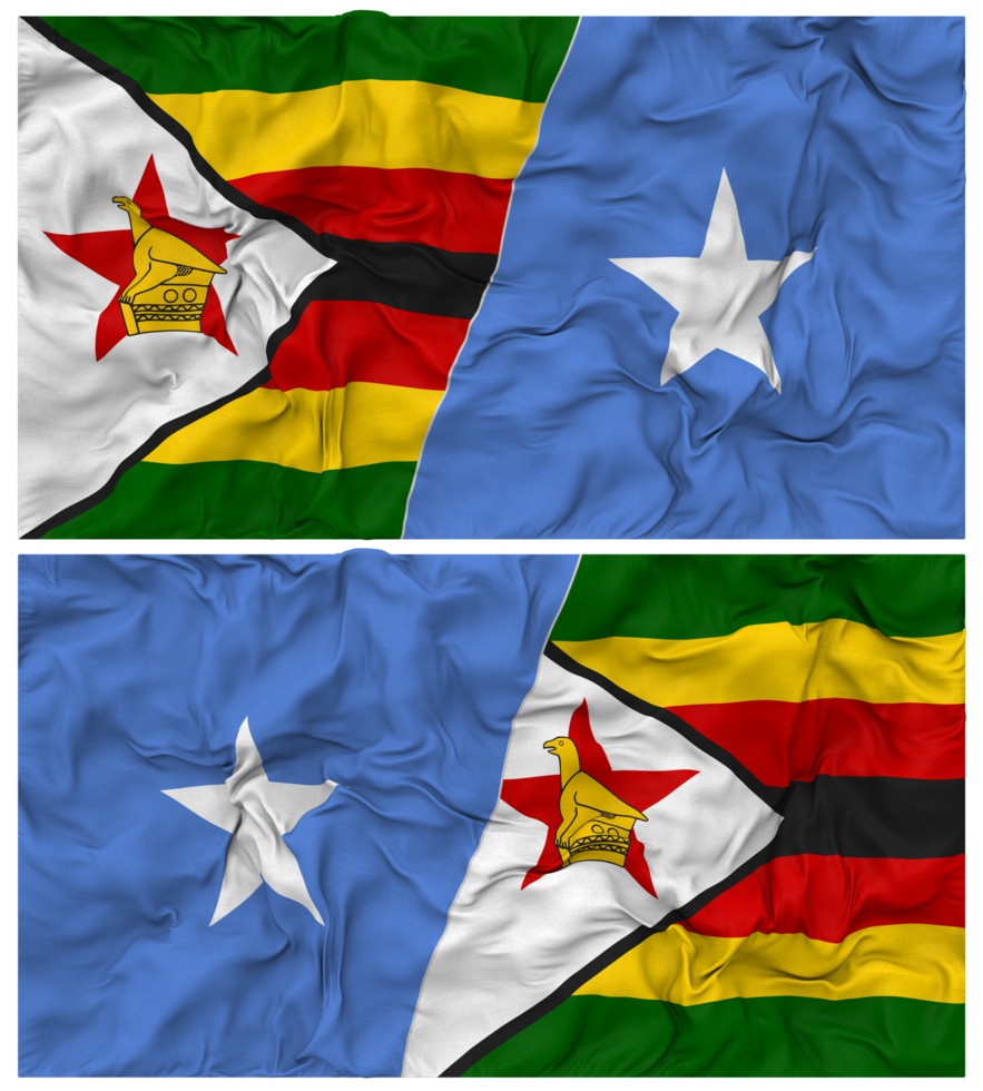 Somalia and Zimbabwe Half Combined Flag with Cloth Bump Texture, Bilateral Relations, Peace and Conflict, 3D Rendering png