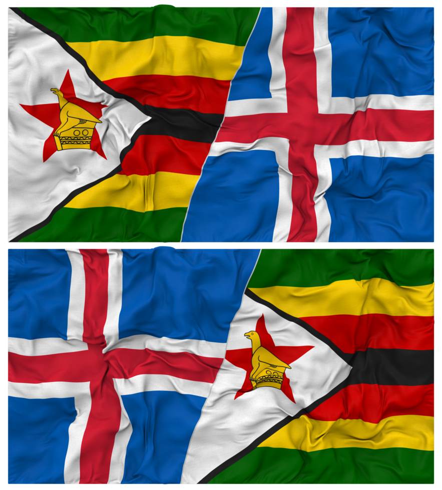 Iceland and Zimbabwe Half Combined Flag with Cloth Bump Texture, Bilateral Relations, Peace and Conflict, 3D Rendering png