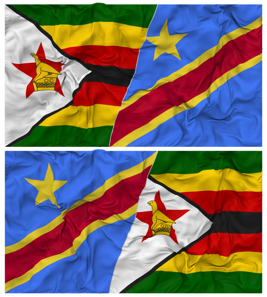 DR Congo and Zimbabwe Half Combined Flag with Cloth Bump Texture, Bilateral Relations, Peace and Conflict, 3D Rendering png
