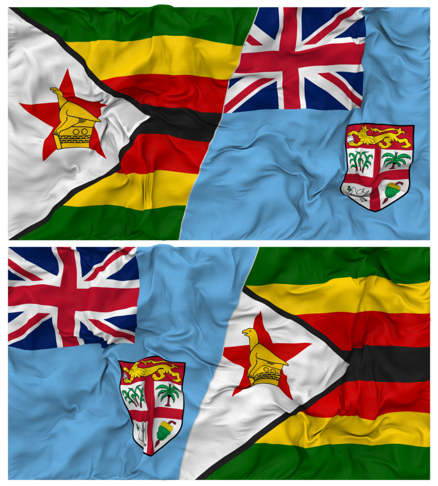 Fiji and Zimbabwe Half Combined Flag with Cloth Bump Texture, Bilateral Relations, Peace and Conflict, 3D Rendering png