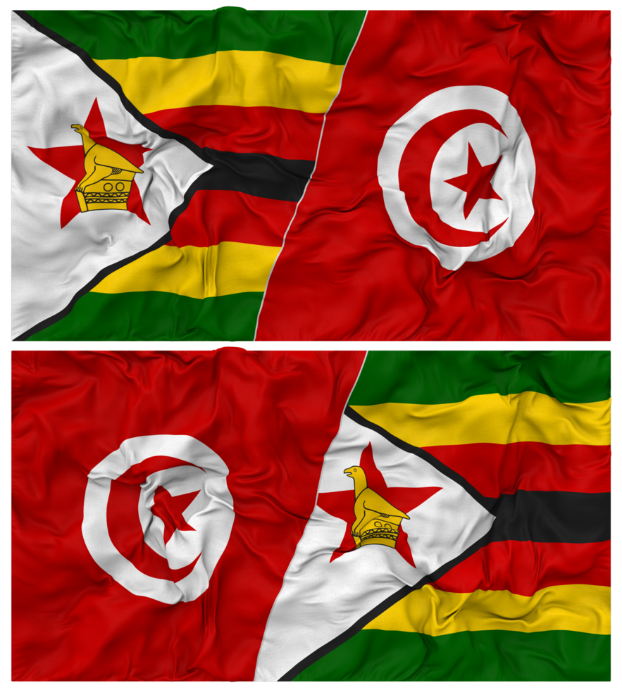 Tunisia and Zimbabwe Half Combined Flag with Cloth Bump Texture, Bilateral Relations, Peace and Conflict, 3D Rendering png