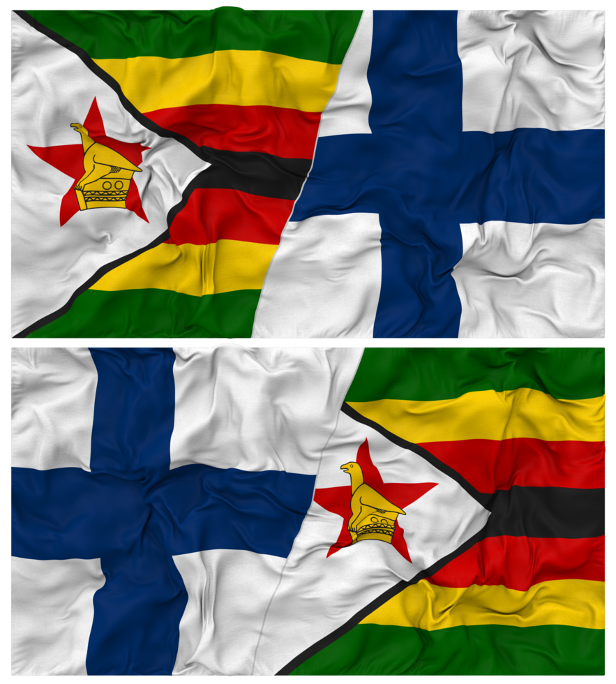 Finland and Zimbabwe Half Combined Flag with Cloth Bump Texture, Bilateral Relations, Peace and Conflict, 3D Rendering png