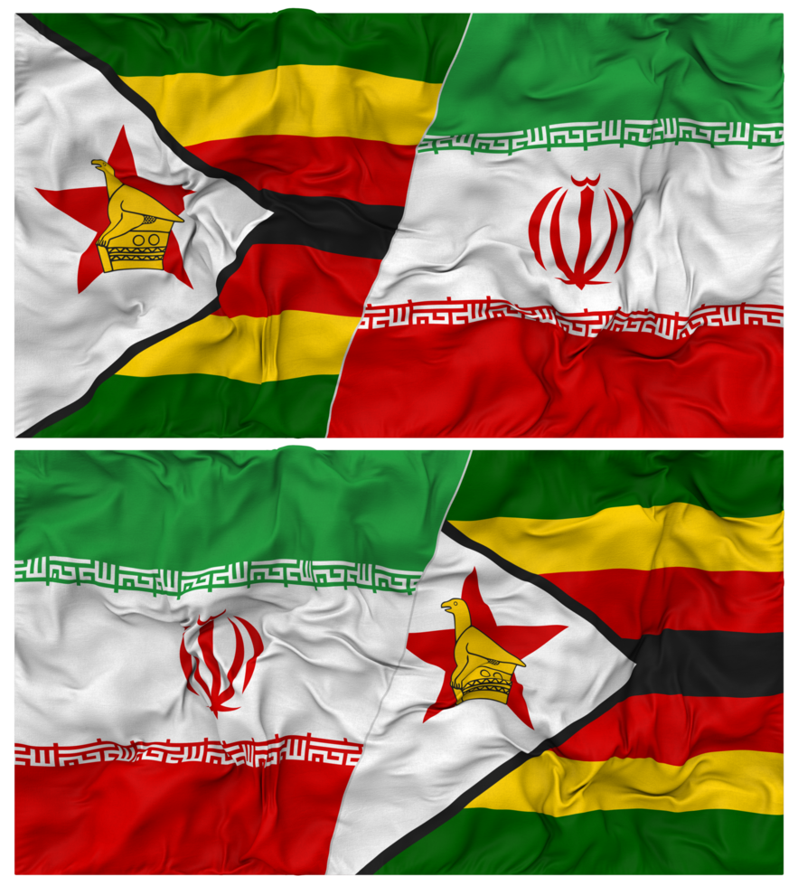 Iran and Zimbabwe Half Combined Flag with Cloth Bump Texture, Bilateral Relations, Peace and Conflict, 3D Rendering png