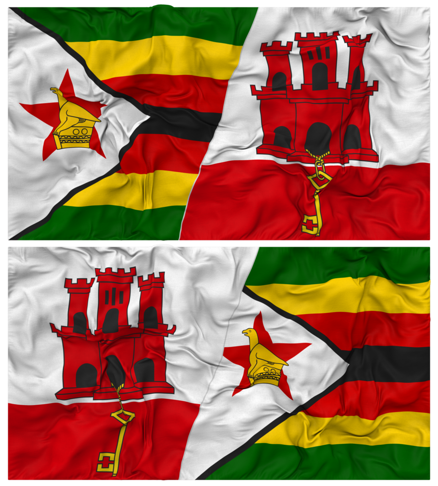 Gibraltar and Zimbabwe Half Combined Flag with Cloth Bump Texture, Bilateral Relations, Peace and Conflict, 3D Rendering png