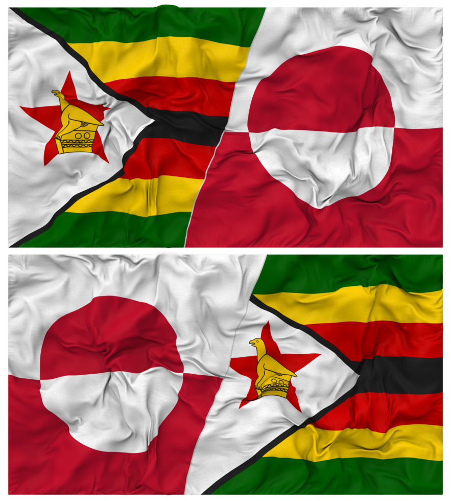 Greenland and Zimbabwe Half Combined Flag with Cloth Bump Texture, Bilateral Relations, Peace and Conflict, 3D Rendering png