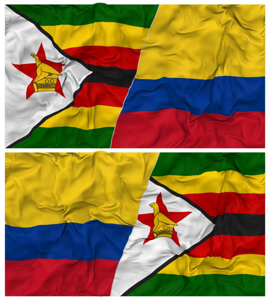 Colombia and Zimbabwe Half Combined Flag with Cloth Bump Texture, Bilateral Relations, Peace and Conflict, 3D Rendering png