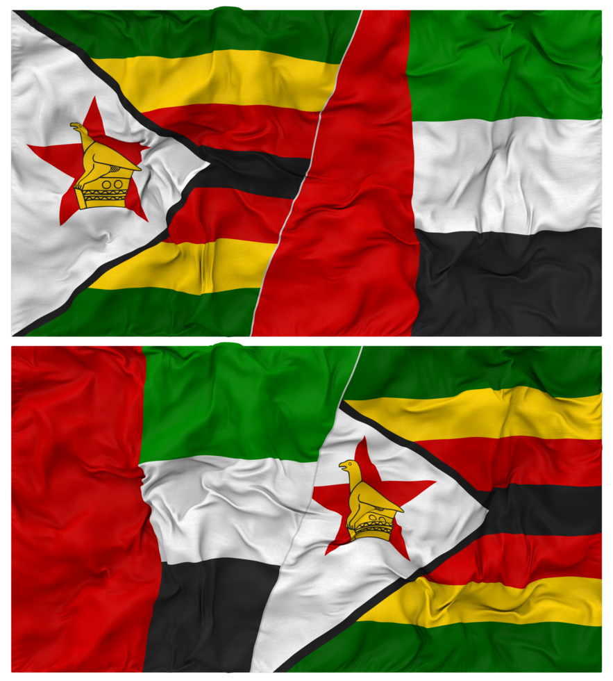 unido árabe emiratos y Zimbabue medio conjunto bandera con paño bache textura, bilateral relaciones, paz y conflicto, 3d representación png