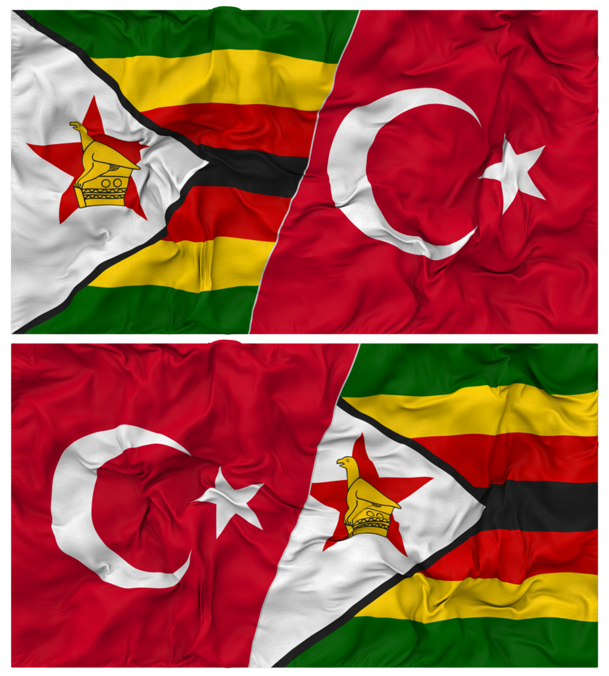 Turkey and Zimbabwe Half Combined Flag with Cloth Bump Texture, Bilateral Relations, Peace and Conflict, 3D Rendering png