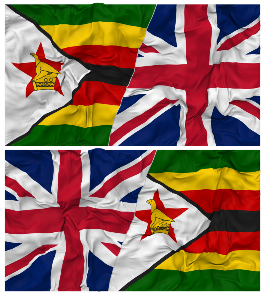 United Kingdom and Zimbabwe Half Combined Flag with Cloth Bump Texture, Bilateral Relations, Peace and Conflict, 3D Rendering png