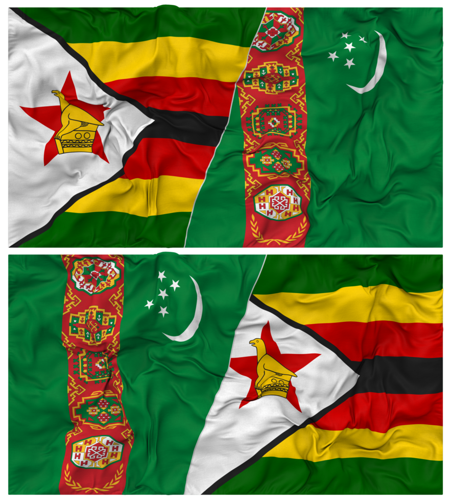 Turkmenistan and Zimbabwe Half Combined Flag with Cloth Bump Texture, Bilateral Relations, Peace and Conflict, 3D Rendering png