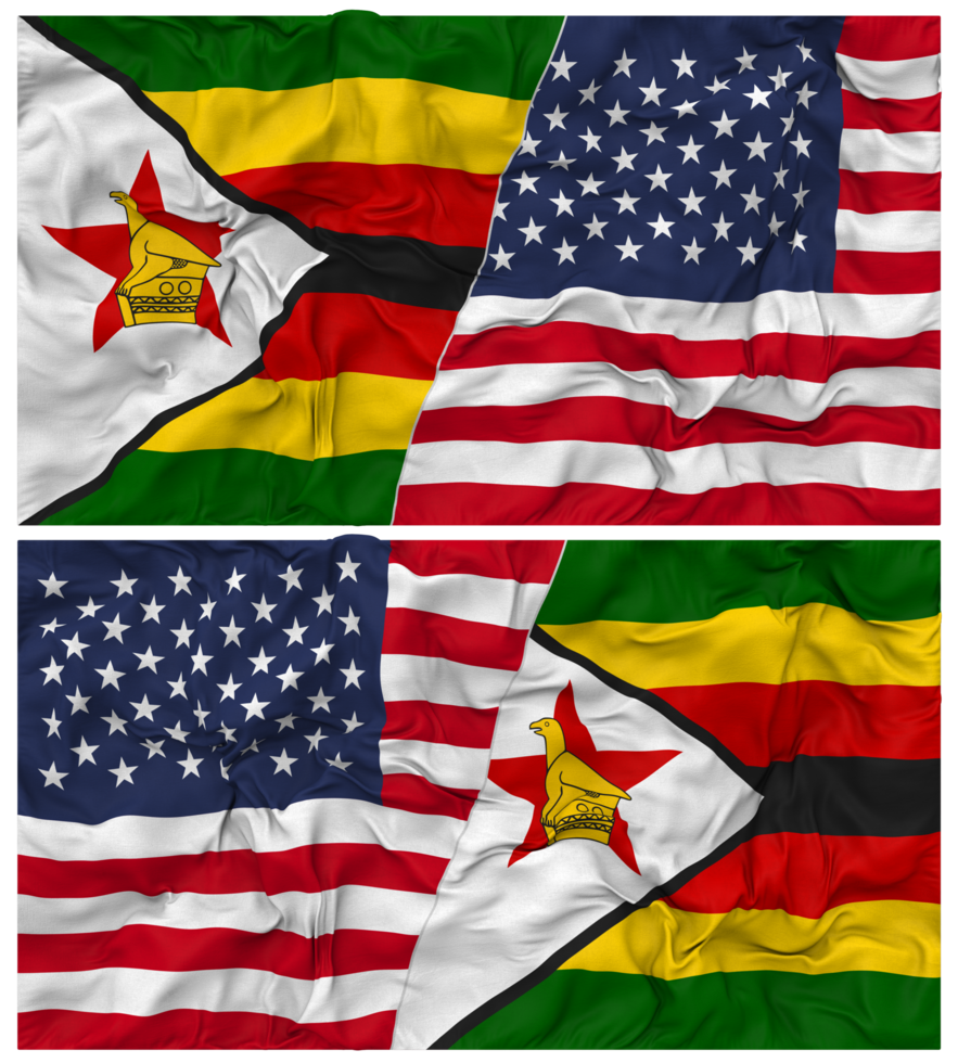 United States and Zimbabwe Half Combined Flag with Cloth Bump Texture, Bilateral Relations, Peace and Conflict, 3D Rendering png