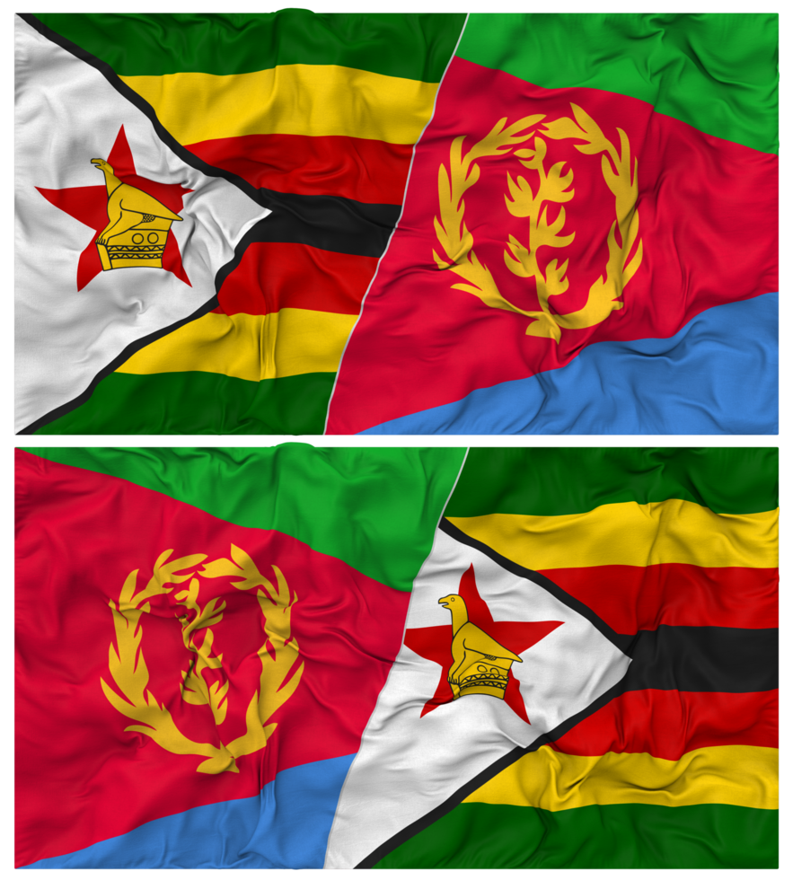 Eritrea and Zimbabwe Half Combined Flag with Cloth Bump Texture, Bilateral Relations, Peace and Conflict, 3D Rendering png