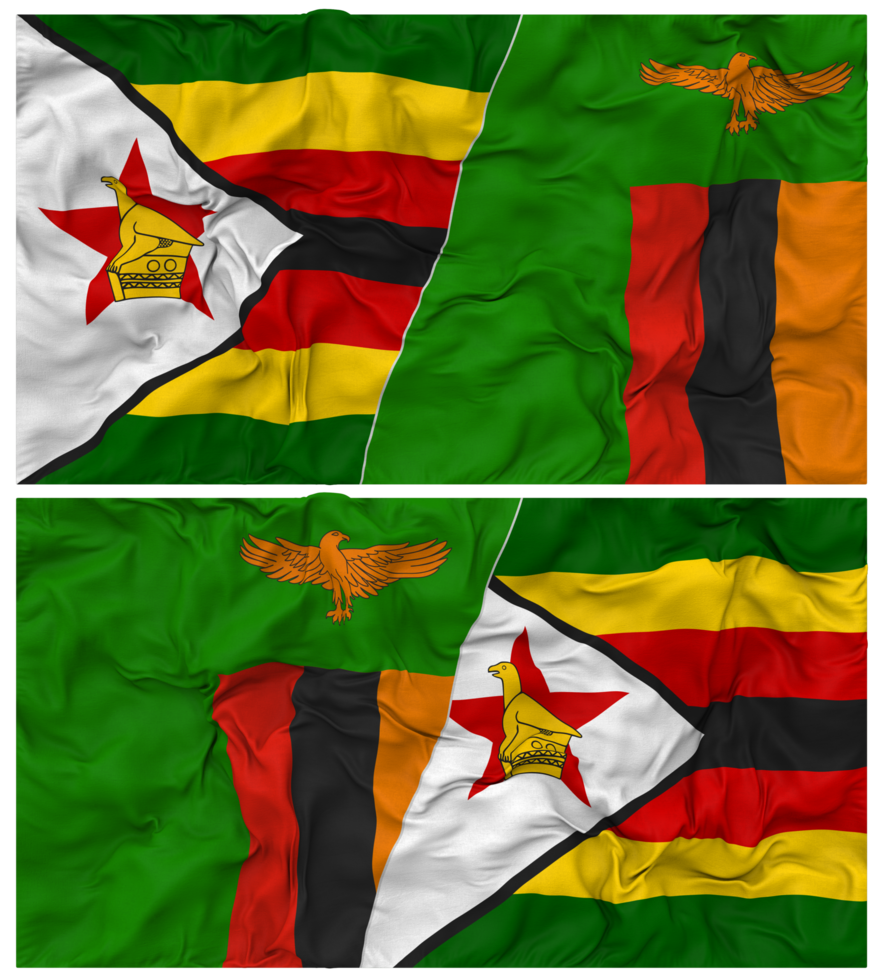 Zambia and Zimbabwe Half Combined Flag with Cloth Bump Texture, Bilateral Relations, Peace and Conflict, 3D Rendering png