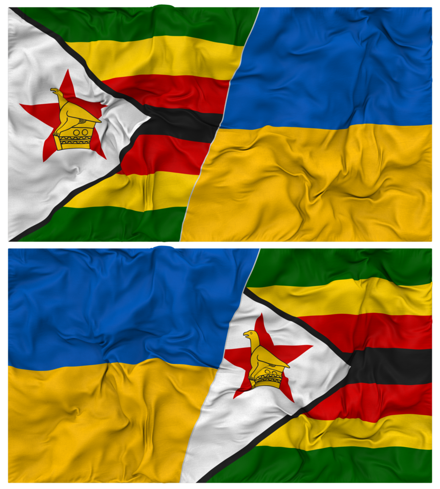 Ukraine and Zimbabwe Half Combined Flag with Cloth Bump Texture, Bilateral Relations, Peace and Conflict, 3D Rendering png