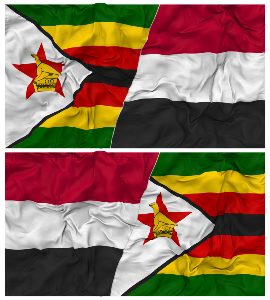 Yemen and Zimbabwe Half Combined Flag with Cloth Bump Texture, Bilateral Relations, Peace and Conflict, 3D Rendering png