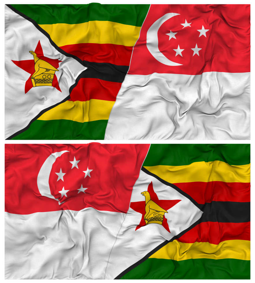 Singapore and Zimbabwe Half Combined Flag with Cloth Bump Texture, Bilateral Relations, Peace and Conflict, 3D Rendering png