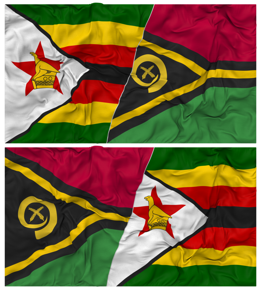 Vanuatu and Zimbabwe Half Combined Flag with Cloth Bump Texture, Bilateral Relations, Peace and Conflict, 3D Rendering png