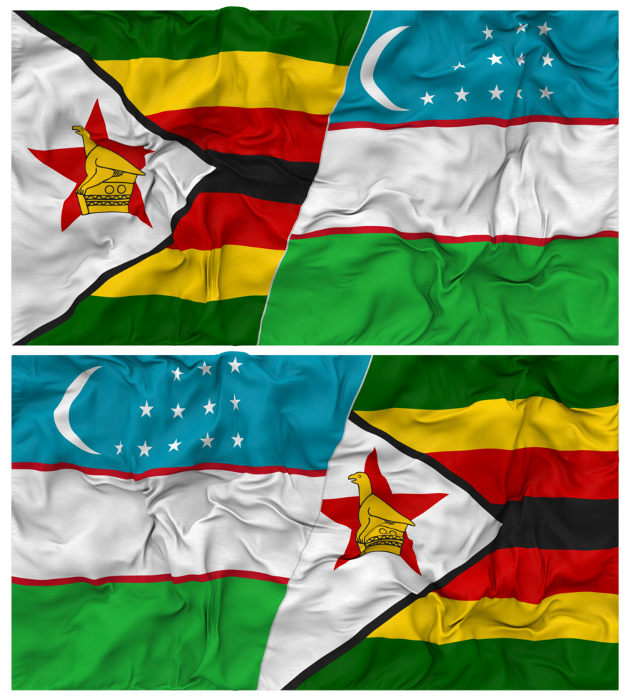 Uzbekistan and Zimbabwe Half Combined Flag with Cloth Bump Texture, Bilateral Relations, Peace and Conflict, 3D Rendering png