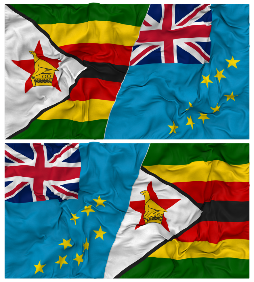 Tuvalu and Zimbabwe Half Combined Flag with Cloth Bump Texture, Bilateral Relations, Peace and Conflict, 3D Rendering png