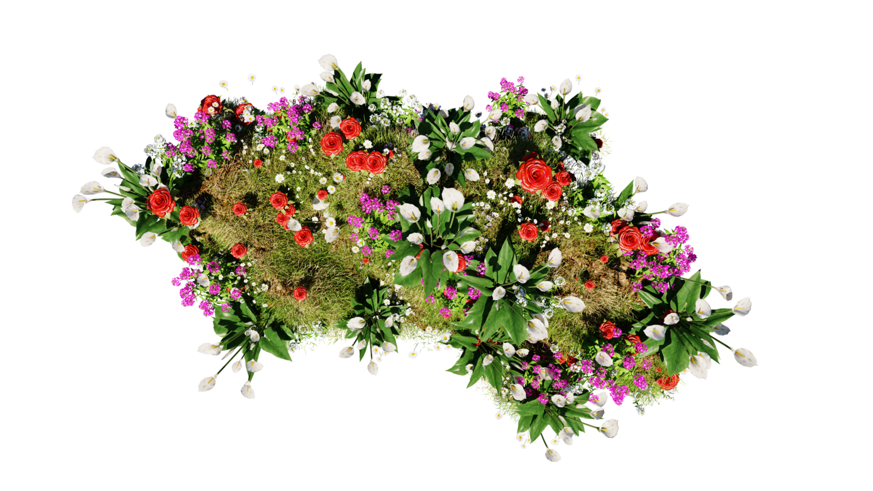 Top view of 3D render various types of flowers grass bushes shrub and small plants on transparent background png