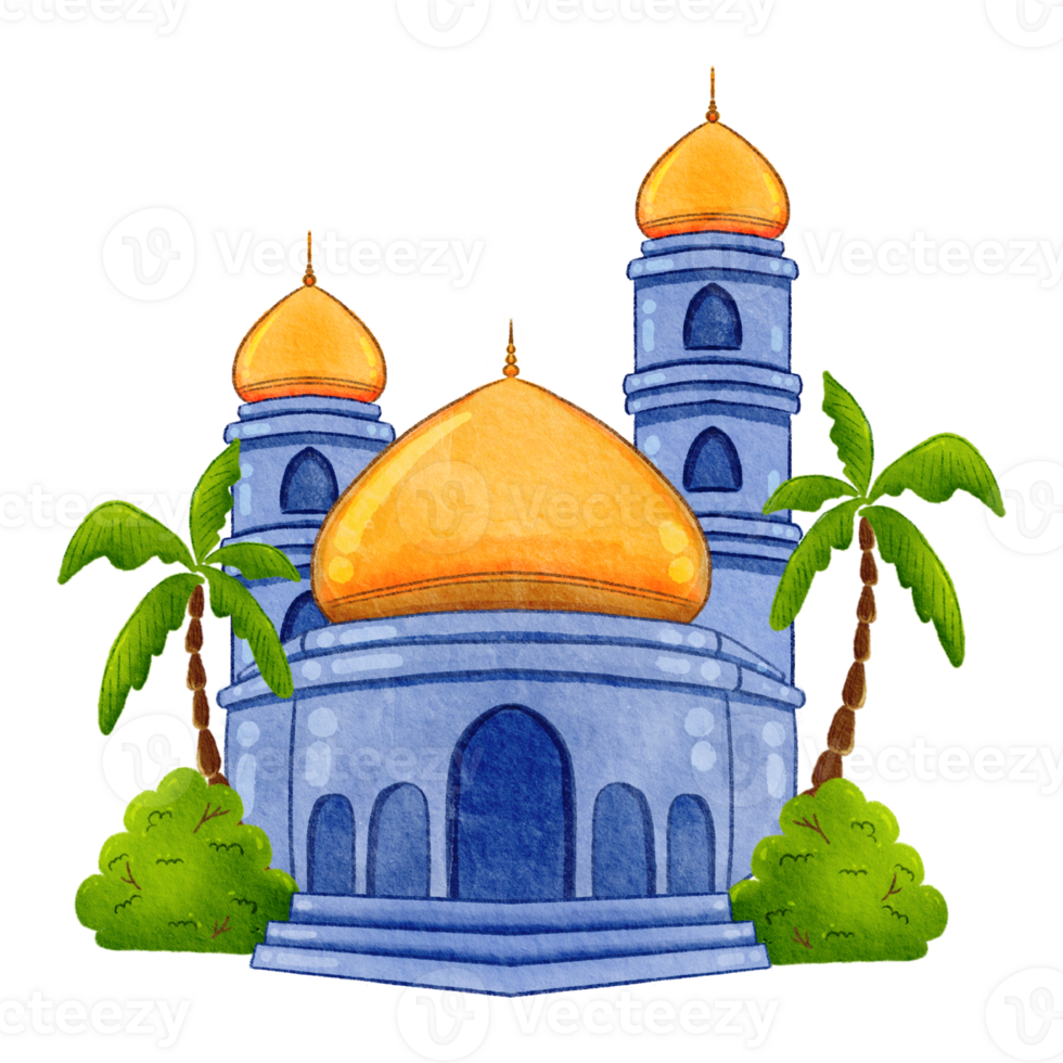 Watercolor cartoon of decorative blue mosque set collection png