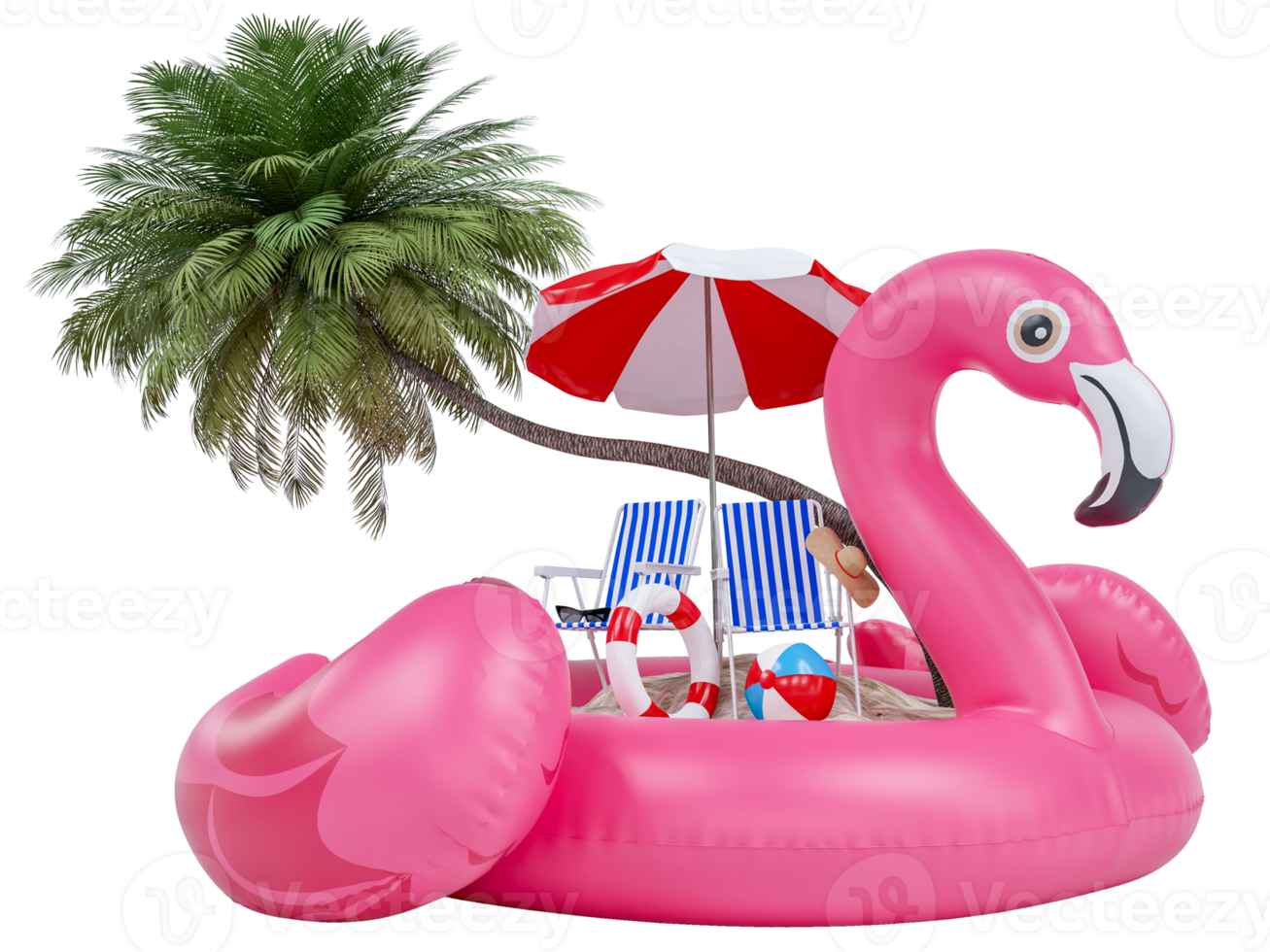 Summer holiday with beach chairs, umbrella, hat, camera coconut tree and beach accessories on Flamingo Inflatable. Summer vacation concept for travel agency advertise represent. 3d rendering png