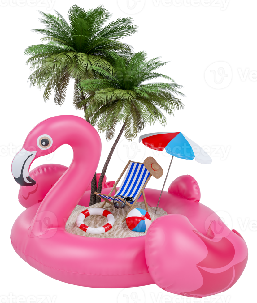 verão feriado com de praia cadeiras, guarda-chuva, chapéu, Câmera coco árvore e de praia acessórios em flamingo inflável. verão período de férias conceito para viagem agência anunciar representar. 3d Renderização png