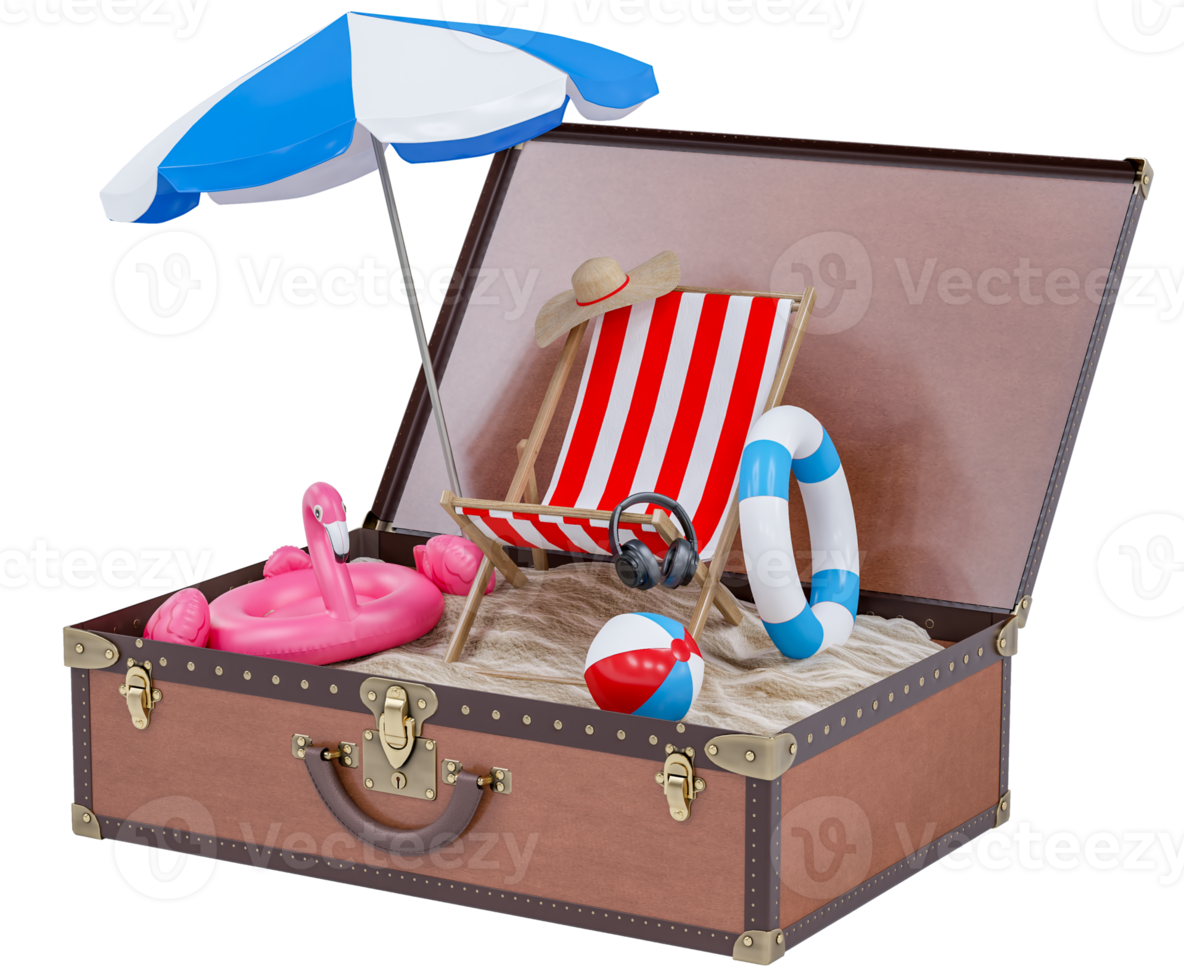 zomer vakantie met strand stoelen, paraplu, hoed, camera kokosnoot boom en strand accessoires Aan reizen bagage. zomer vakantie concept voor reizen agentschap adverteren staan voor. 3d renderen png