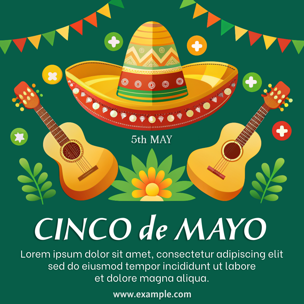 A green poster with a cinco de mayo hat and two guitars psd