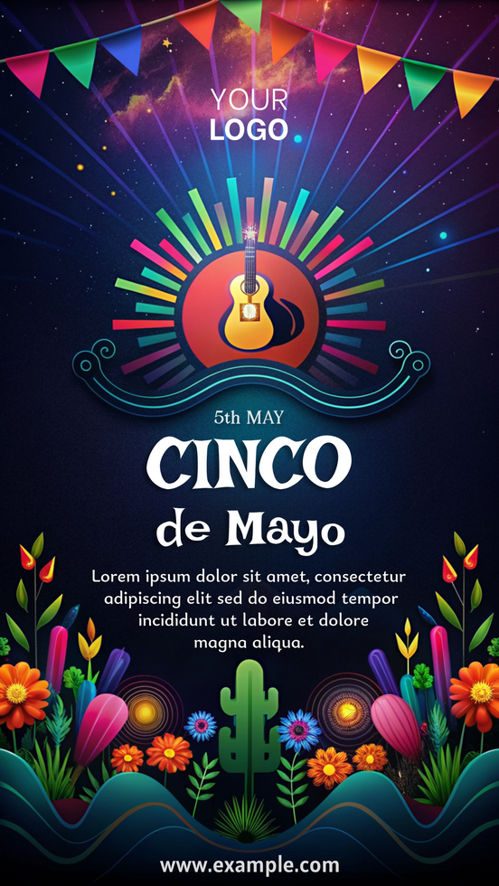 A colorful poster for Cinco de Mayo featuring a guitar and flowers psd
