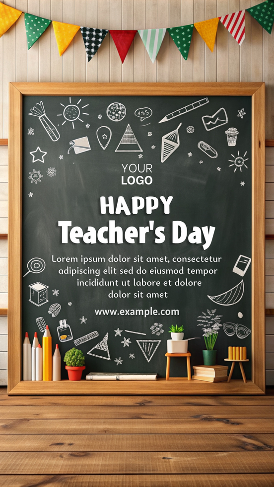 A chalkboard with a banner that says Happy Teacher's Day psd