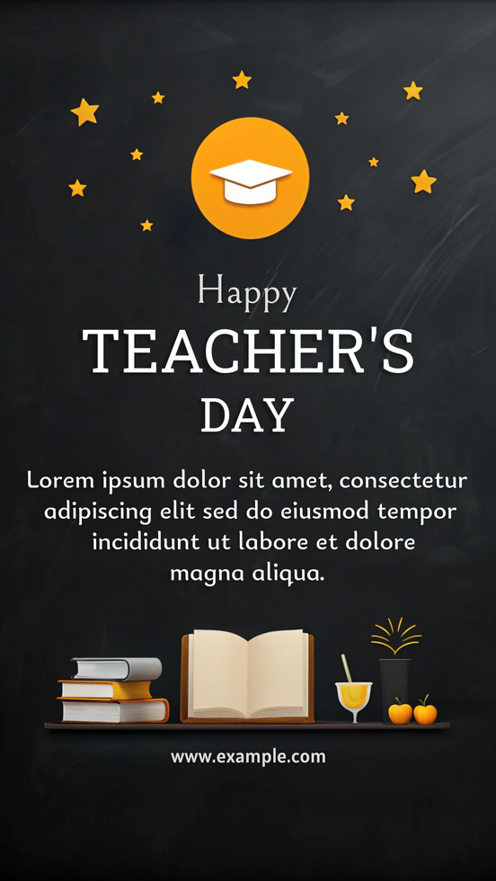 A poster for Teacher's Day with a book, a cup, and stars psd