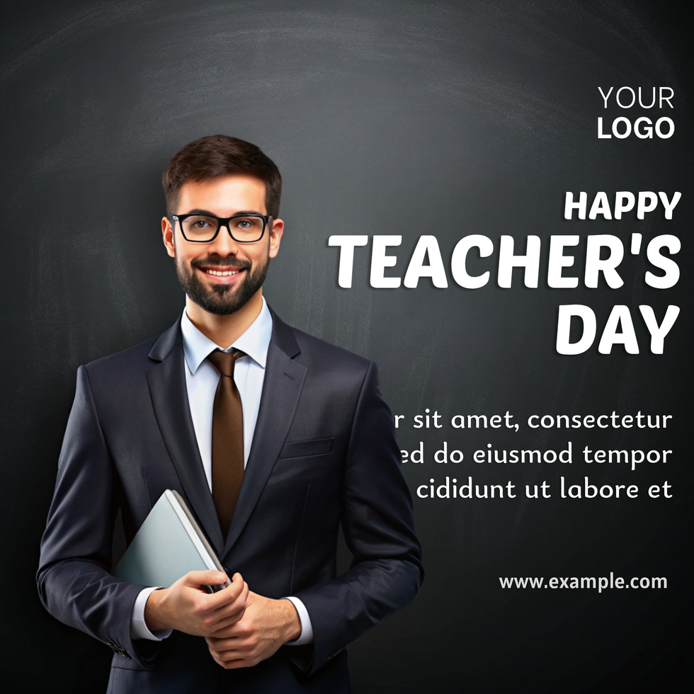 A man in a suit holding a book is smiling and the text reads Happy Teacher's Day psd