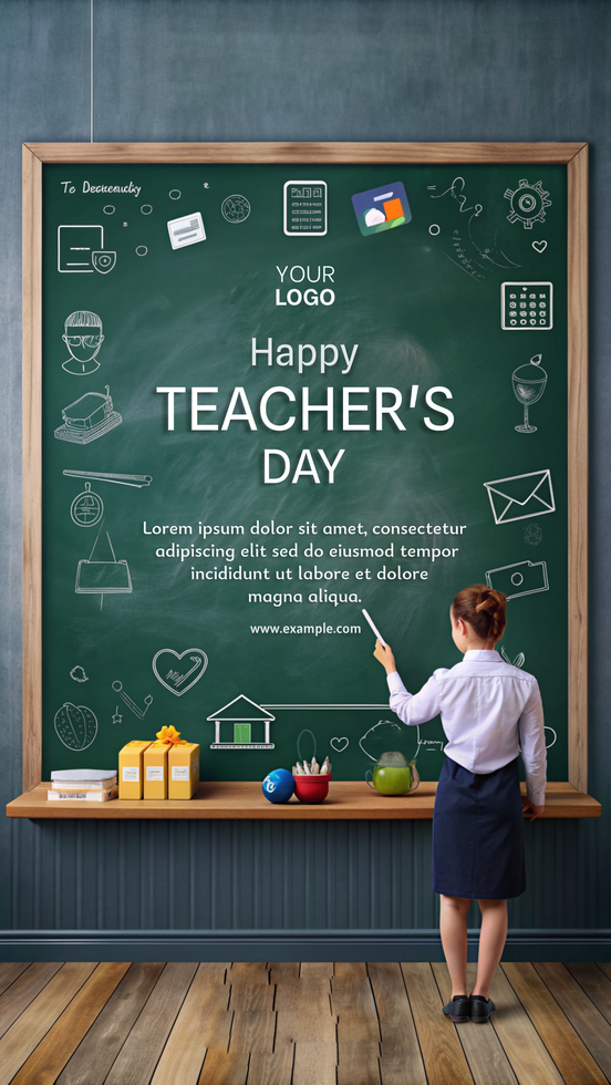 A woman is standing in front of a chalkboard with a sign that says Happy Teacher psd