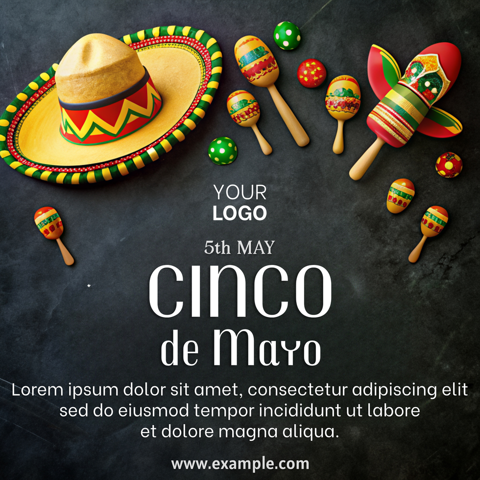 A black and white ad for Cinco de Mayo featuring a hat and maracas psd