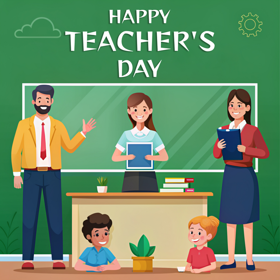 A group of teachers are standing in front of a green chalkboard psd