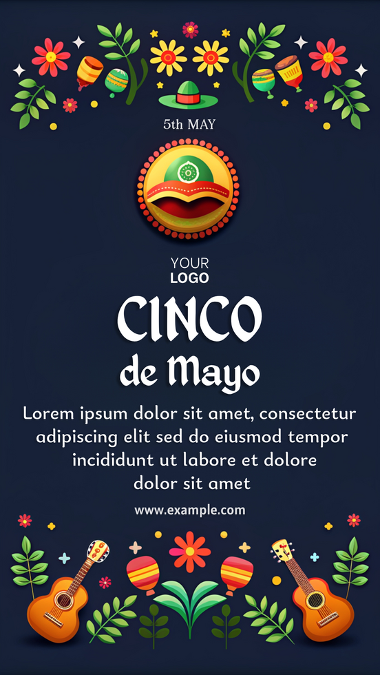 A colorful poster for Cinco de Mayo featuring a flowery border and a green hat psd