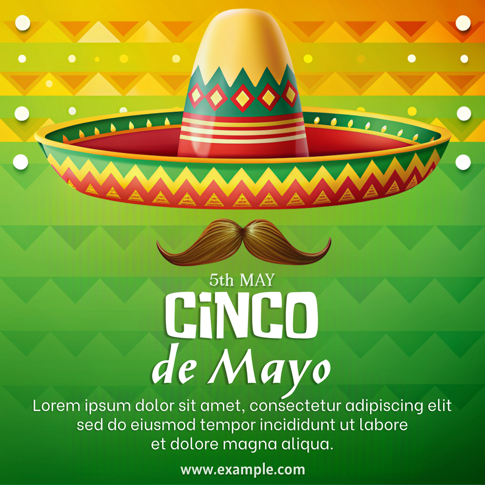 A green and yellow hat with a mustache on it is on a poster for Cinco de Mayo psd