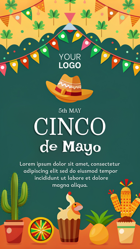 A green poster with a hat on top and a cinco de mayo sign psd