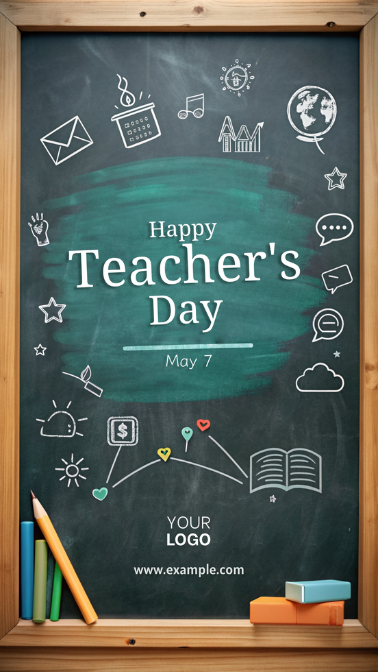 A chalkboard with a drawing of a teacher and the words Happy Teacher's Day psd