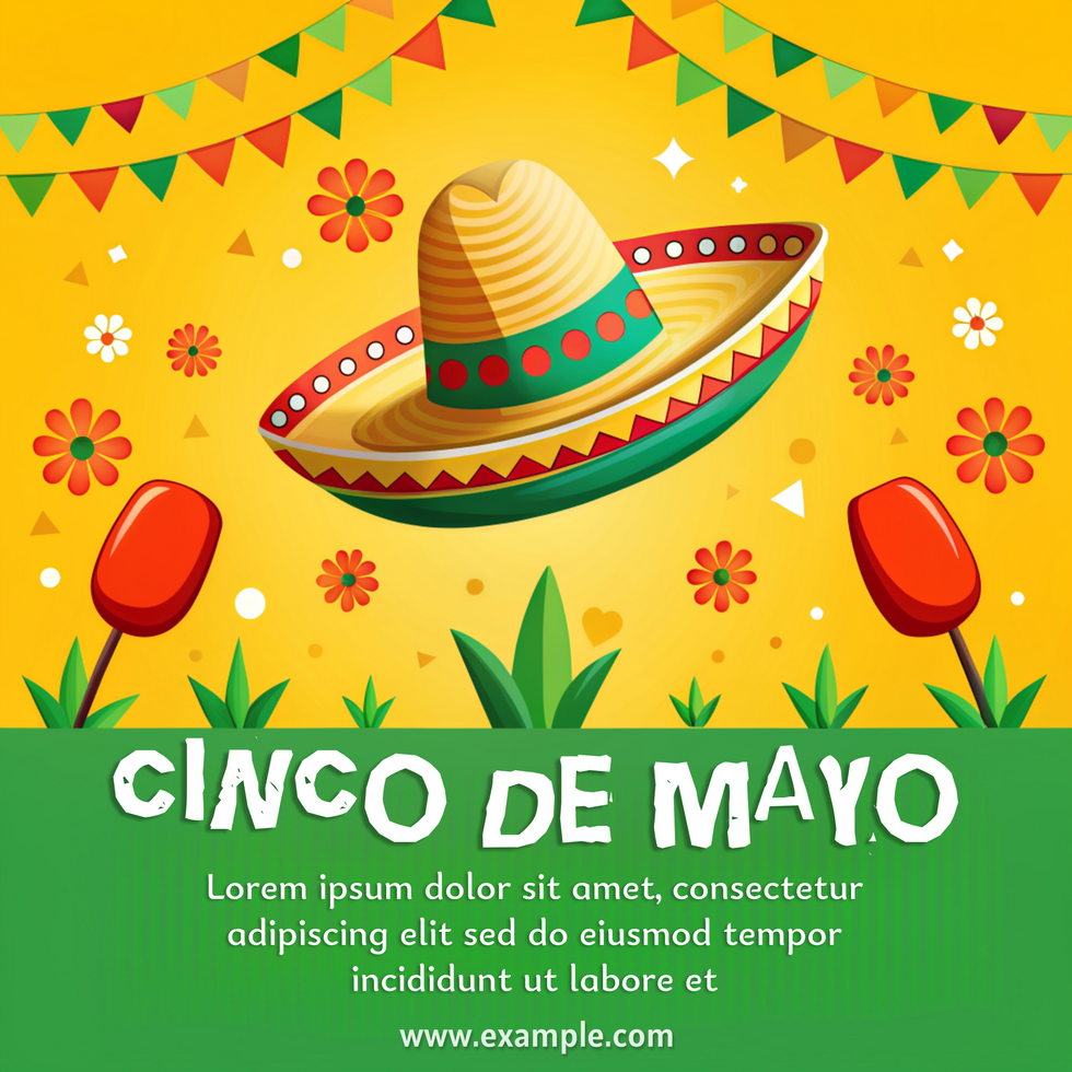 A colorful poster for Cinco de Mayo featuring a sombrero and a red psd