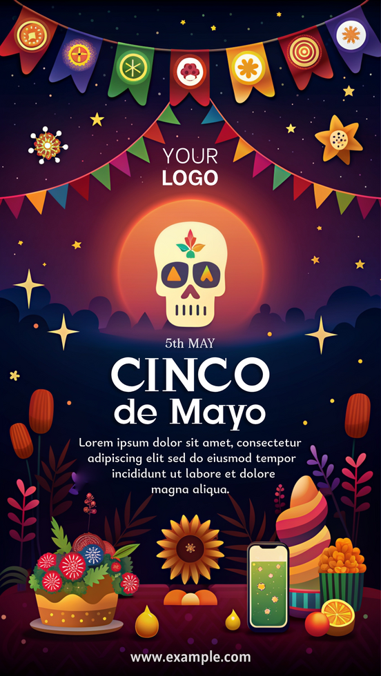 une coloré affiche pour cinco de mayo avec une crâne et une lune psd