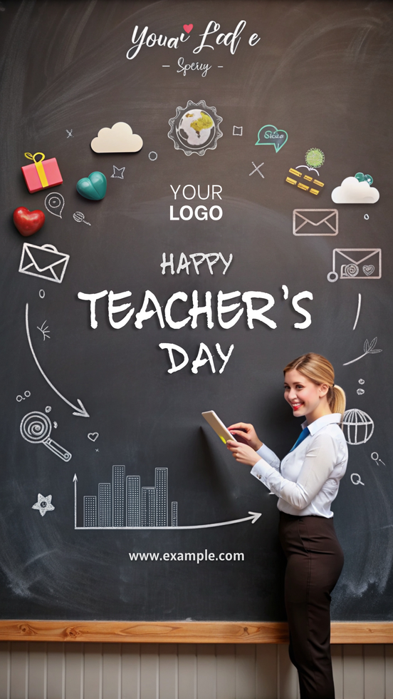 Teacher woman is standing in front of a chalkboard with a smile on her face psd