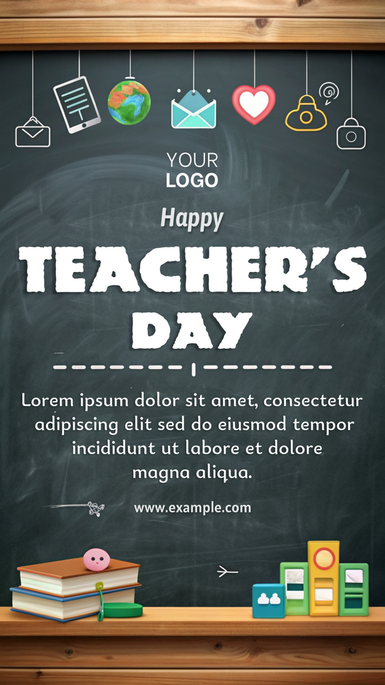 A poster for Teacher's Day with a chalkboard background and a variety of images psd