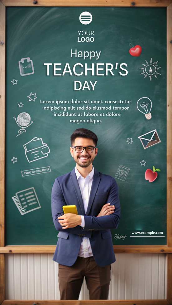 A man is standing in front of a green chalkboard with a smile on his face psd