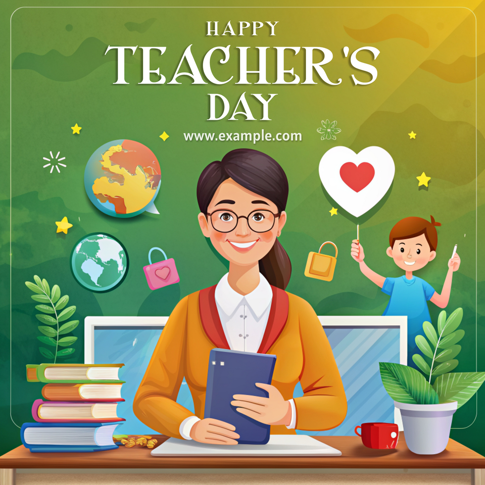 A teacher is sitting at a desk with a tablet in front of her psd