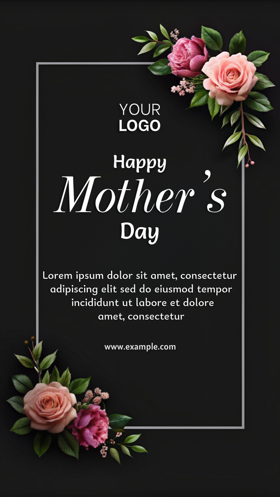 A black and white poster with pink flowers and the words Happy Mother's Day psd