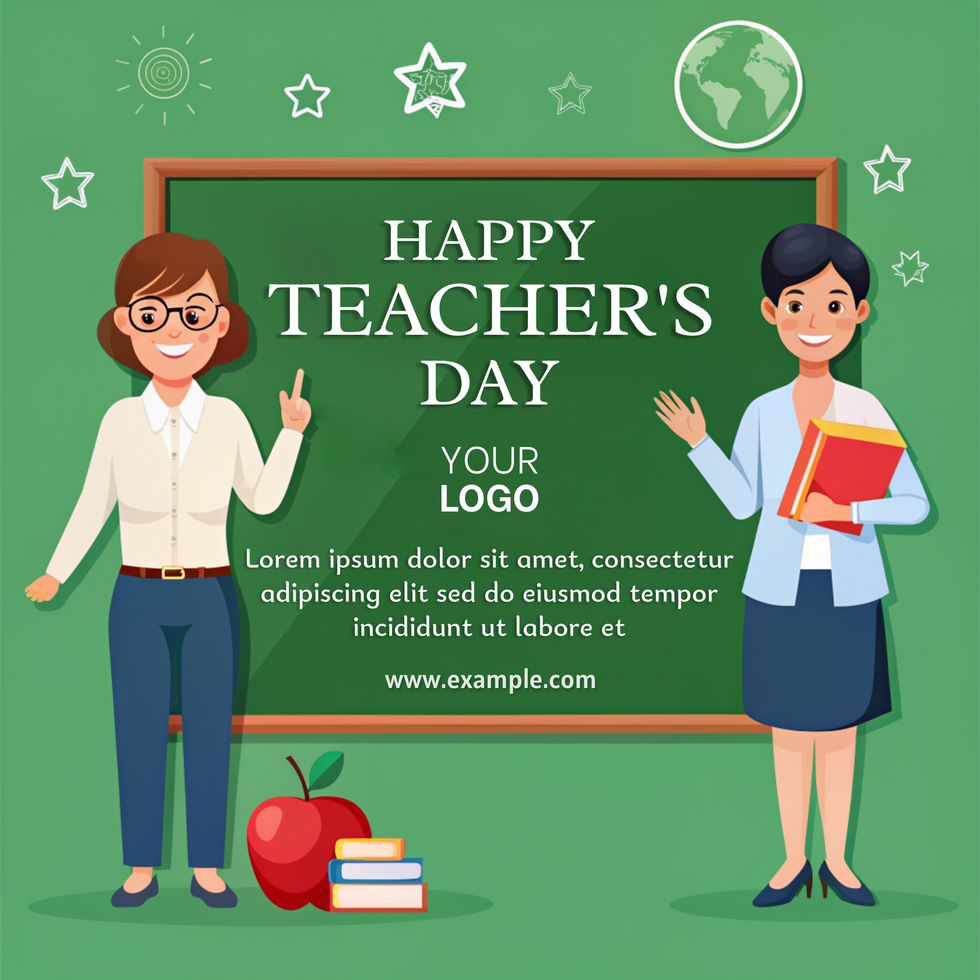 A poster for Teacher's Day featuring two teachers standing in front of a green chalkboard psd